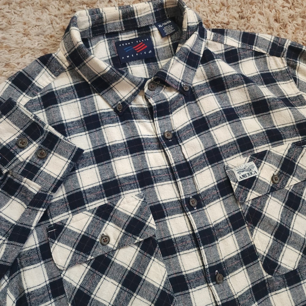 Perry Ellis America Flannel‎ Shirt Mens XL Navy Cream Plaid Button Down Cotton
